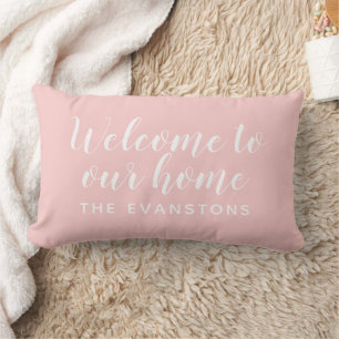 Modern Light Pink Welcome Home Custom Last Name Lumbar Cushion
