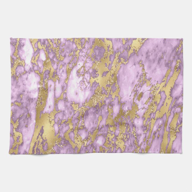 Modern Light Purple and Gold Marble Pattern Tea Towel (Horizontal)