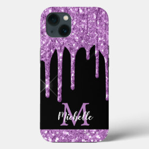 Modern Light Purple Glitter Drips Monogram  iPhone 13 Case