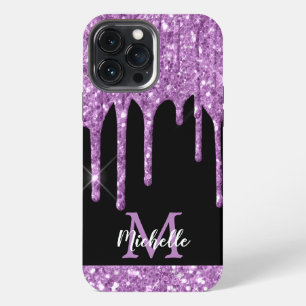Modern Light Purple Glitter Drips Monogram iPhone 13 Pro Max Case