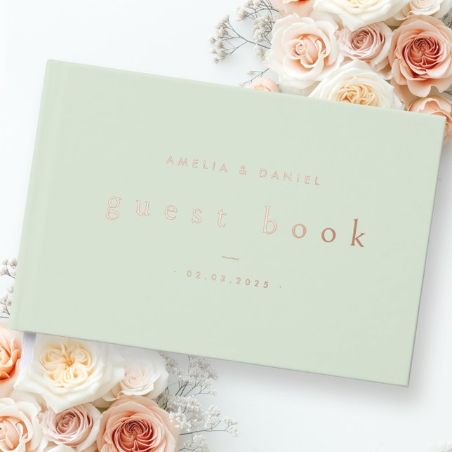 Modern light sage green wedding names date real guest book (Modern light sage green wedding names date real foil guest book)
