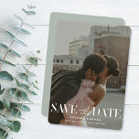 Modern Light Sage Photo Wedding Save Date Invitation<br><div class="desc">Inform your guests about your upcoming wedding date with these modern Save the Date Cards featuring a full bleed vertical photo, modern typography and a coloured back in a light sage green. All colours can be changed to fit your style and wedding theme, you can also switch between different paper...</div>