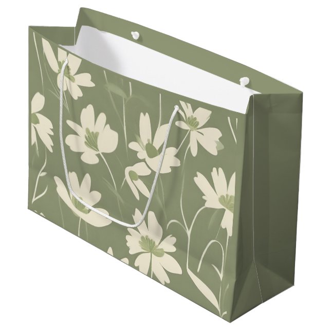 Modern Light Sage White Wildflower Large Gift Bag (Front Angled)