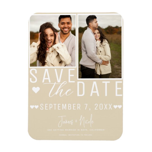 Modern Light Tan Save the Date 2 Photo Wedding  Magnet (Vertical)