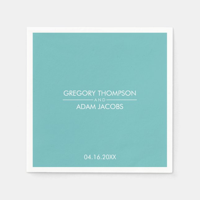 Modern Light Teal Couples Names & Date Wedding Napkin (Front)