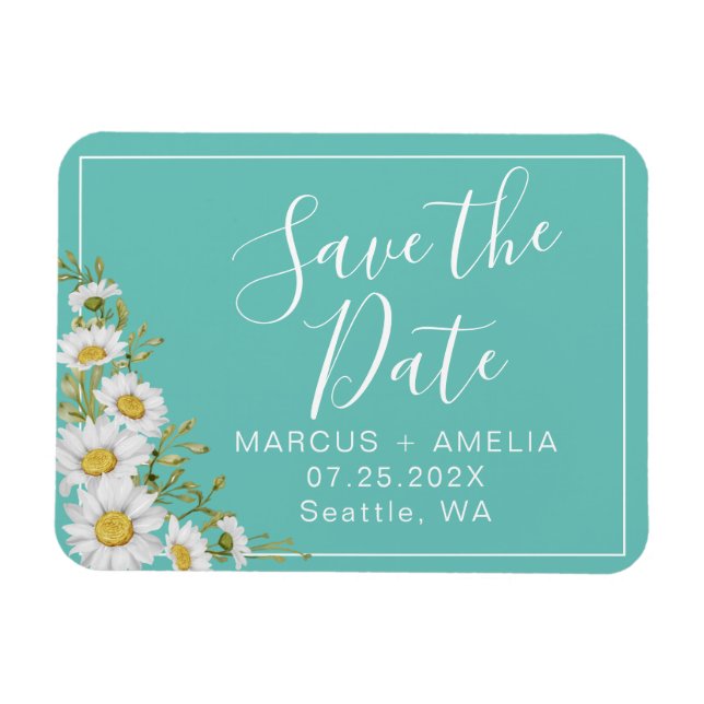 Modern  Light Teal & White Daisies Save The Date Magnet (Horizontal)