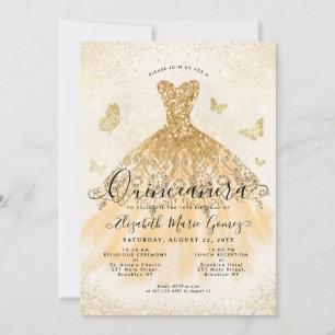 Modern Light Yellow Gold Glitter Gown Quinceanera Invitation