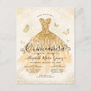 Modern Light Yellow Gold Glitter Gown Quinceanera Postcard