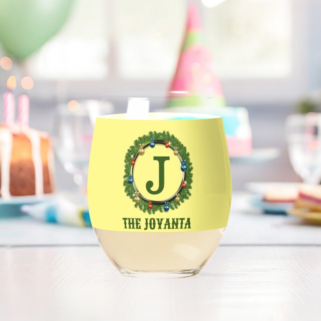 Modern light yellow green monogram stemless wine glass (Insitu (Birthday))