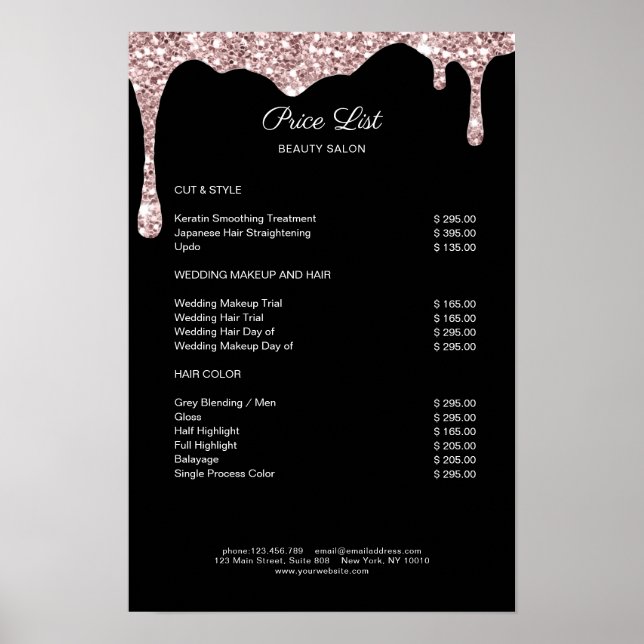 Modern Lightpink Black Glitter Preislisten Poster (Front)