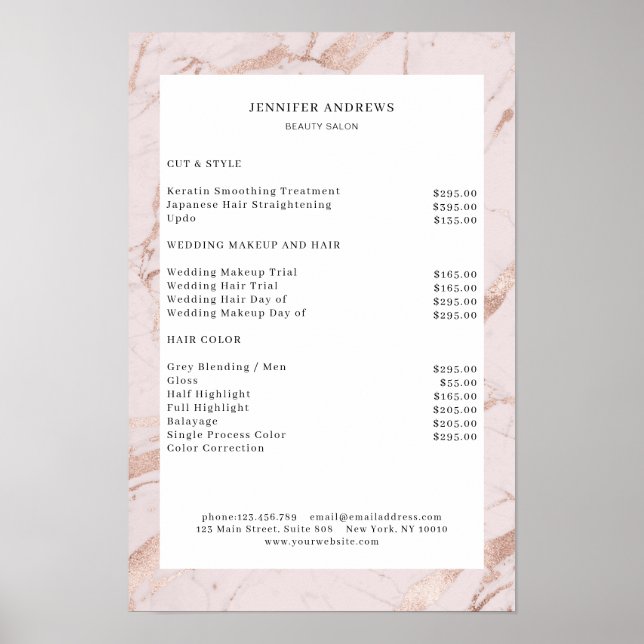 Modern Lightpink-Copper Price List Poster (Front)