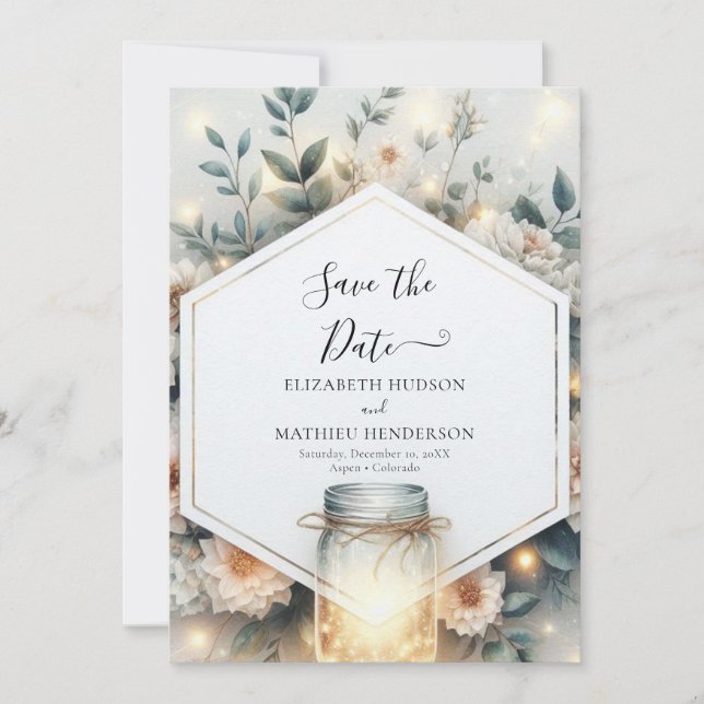 Modern Lights Mason Jar Wedding Save The Date (Front)