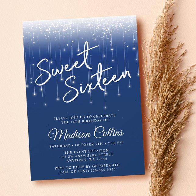 Modern Lights Navy Blue Sweet 16 Invitation (Creator Uploaded)