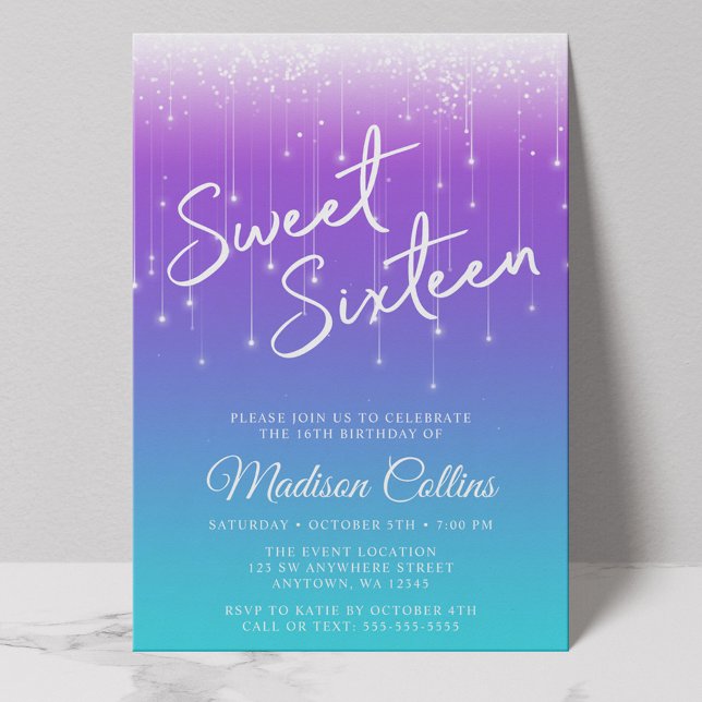 Modern Lights Purple Teal Sweet 16 Invitation (Creator Uploaded)