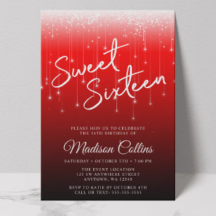 Modern Lights Red Black Sweet 16 Invitation