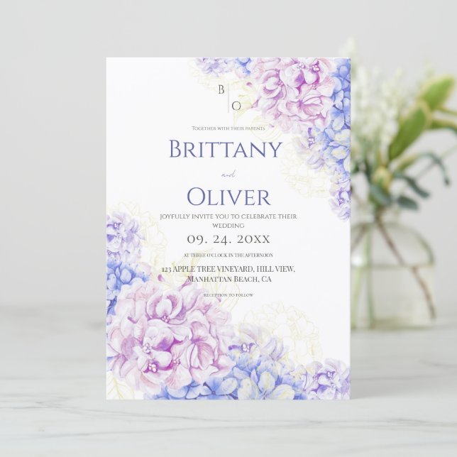 Modern Lilac & Blue Floral Wedding Invitation (Standing Front)