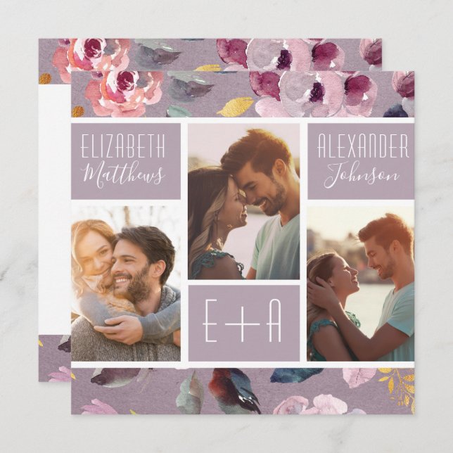 Modern Lilac Floral Photo Collage Wedding Invitation (Front/Back)