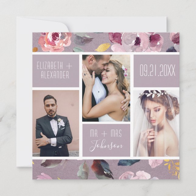 Modern Lilac Floral Photo Collage Wedding Thank You Card (Front)