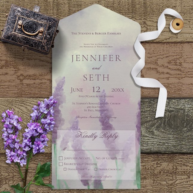 Modern Lilac Flowers on Sage Green Dinner All In One Invitation (Creator Uploaded)