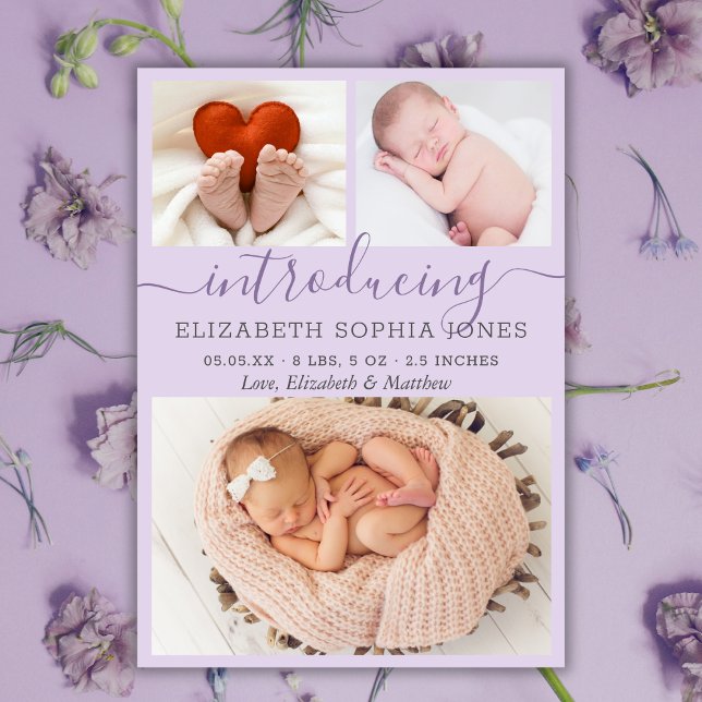 Modern Lilac Girl Birth Announcement Photo Collage (Creator Uploaded)