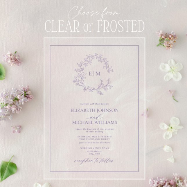 Modern Lilac Lavender Leafy Crest Monogram Wedding Acrylic Invitations (Creator Uploaded)