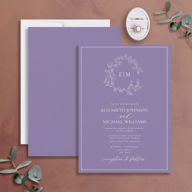 Modern Lilac Lavender Leafy Crest Monogram Wedding Invitation (Creator Uploaded)