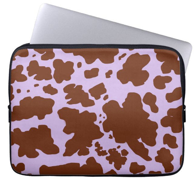 Modern Lilac Purple and Brown Cow Skin Print Laptop Sleeve (Front)