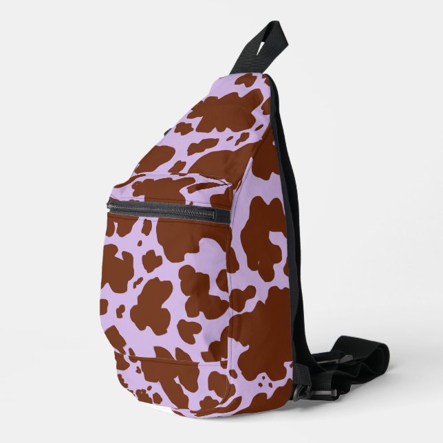 Modern Lilac Purple and Brown Cow Skin Print Sling Bag (Right Corner)