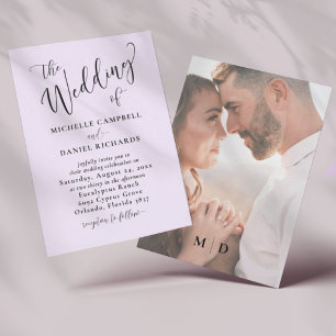 Modern Lilac Purple Calligraphy & Photo Wedding Invitation