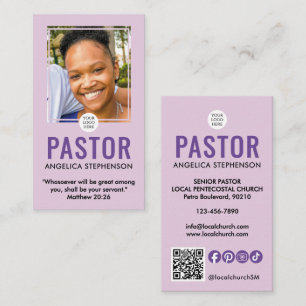 Modern Lilac Purple Photo QR Logo Church Pastor Business Card