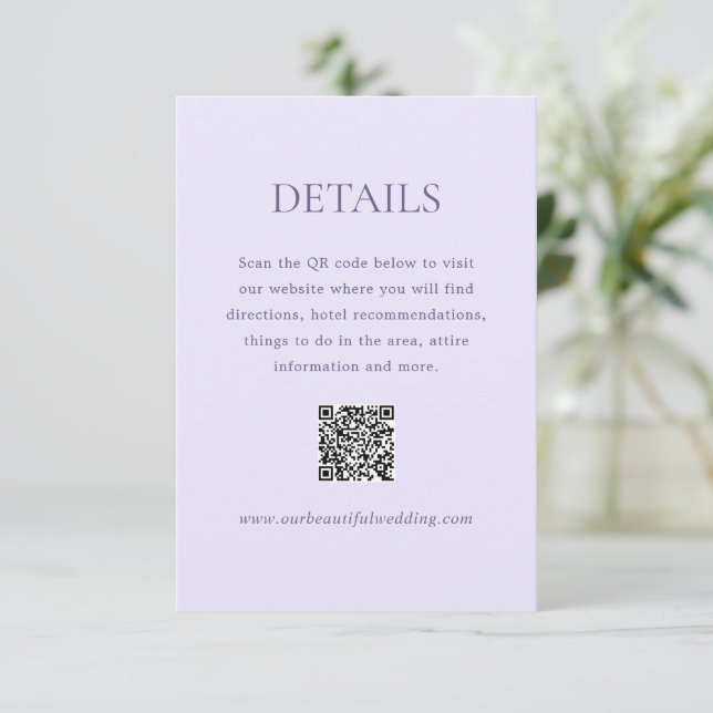 Modern Lilac QR Code Elegant Wedding Enclosure Card (Standing Front)