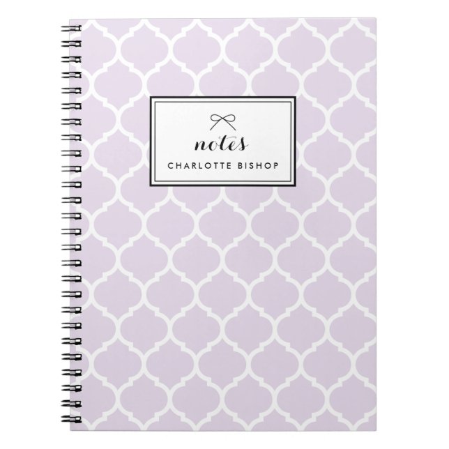Modern Lilac Quatrefoil Pattern Personalised Notebook (Front)