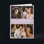 Modern Lilac Wedding 3 Photo Collage Thank You<br><div class="desc">Stylish Pretty Lilac Hand Lettered Wedding Photo Collage Thank You Folded Card. Elegant wedding thank you card template featuring three (3) photo on the front and one (1) photo inside. With the text "Love and thanks" in a hand lettered typography script font with swashes in white colour on pastel lilac...</div>