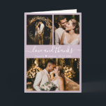 Modern Lilac Wedding 3 Photo Collage Thank You<br><div class="desc">Stylish Pretty Lilac Hand Lettered Wedding Photo Collage Thank You Folded Card. Elegant wedding thank you card template featuring three (3) photo on the front and one (1) photo inside. With the text "Love and thanks" in a hand lettered typography script font with swashes in white colour on pastel lilac...</div>