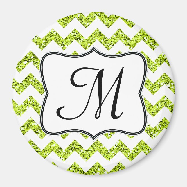 Modern Lime Glitte Chevron Monogram Initial Magnet (Front)