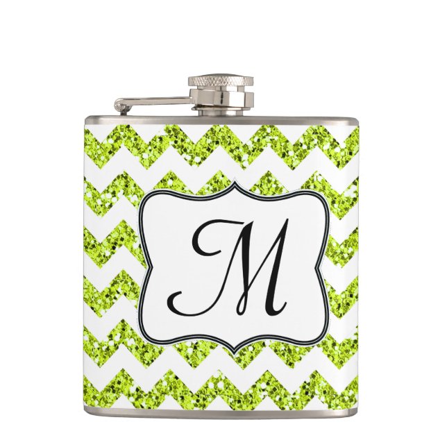 Modern Lime Glitter Chevron Monogram Whiskey Flask (Front)