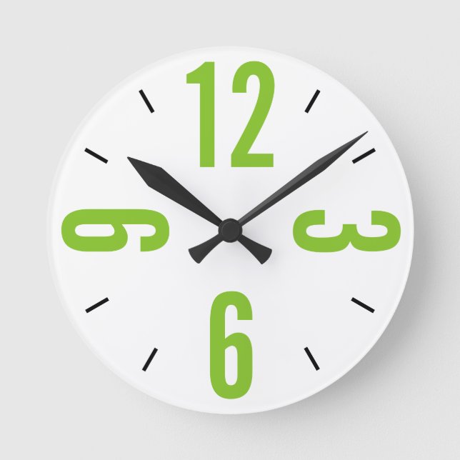 Modern lime green and black large numbers round clock (Front)