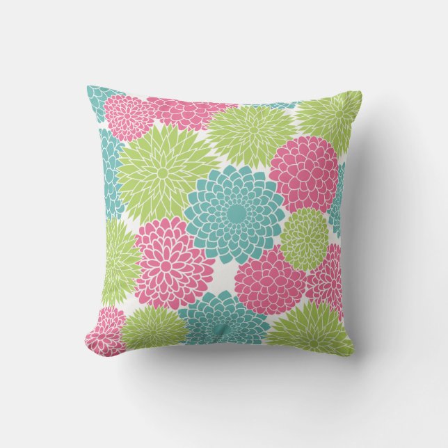 Modern Lime Green and Hot Pink Flowers Cushion (Front)