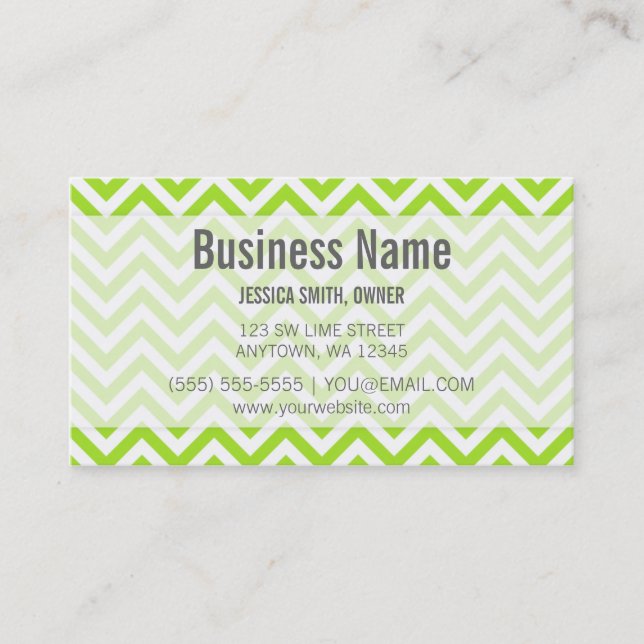 Modern Lime Green and White Chevron Pattern Business Card (Front)