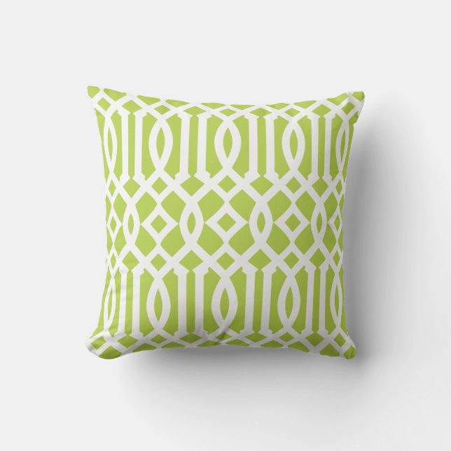 Modern Lime Green and White Trellis Pattern Cushion (Front)