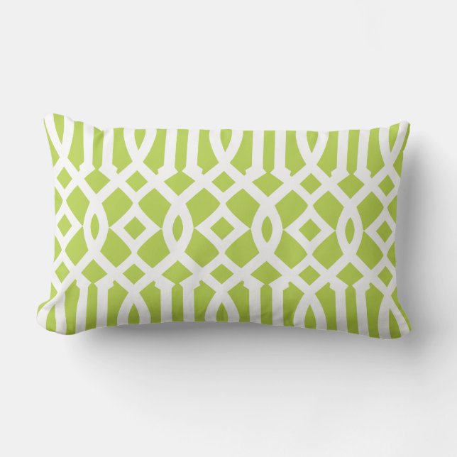 Modern Lime Green and White Trellis Pattern Lumbar Cushion (Front)