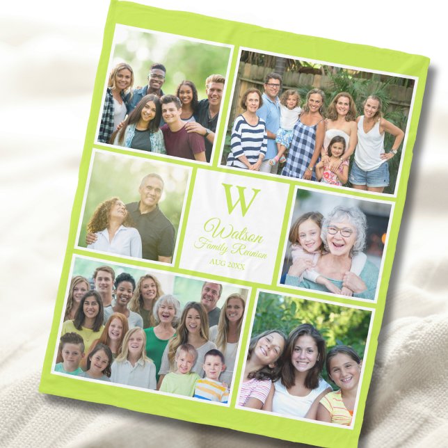 Modern Lime Green Family Reunion Monogram Photo  Fleece Blanket (Creator Uploaded)