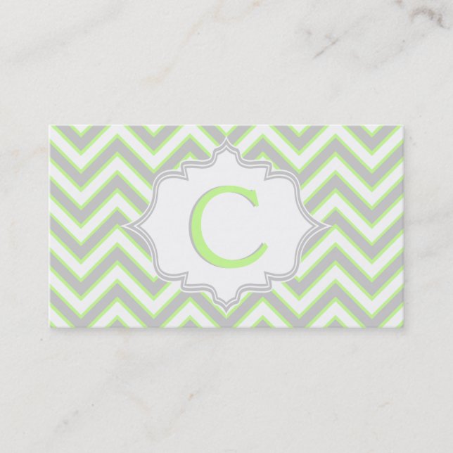 Modern lime green, grey chevron monogram business card (Front)