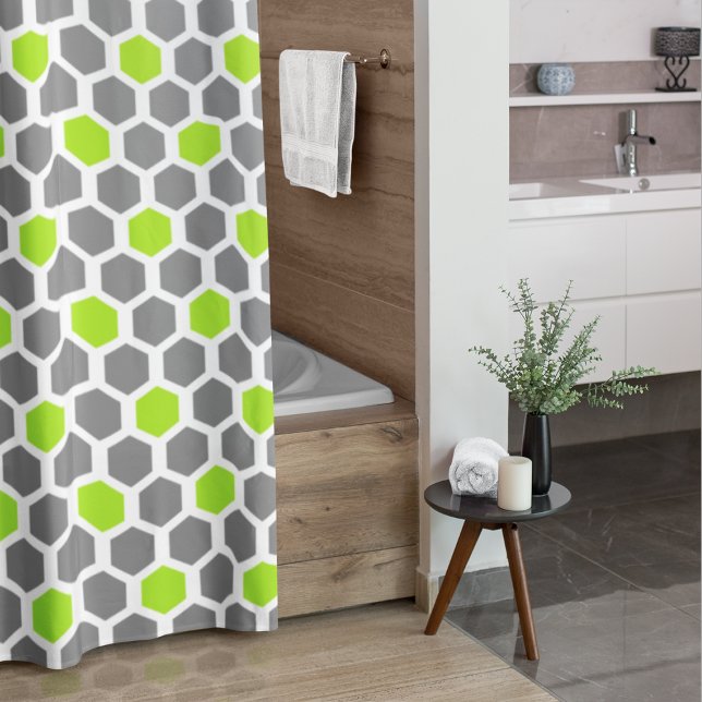 Modern Lime Green Grey Hexagon Geometric Shower Curtain (Creator Uploaded)