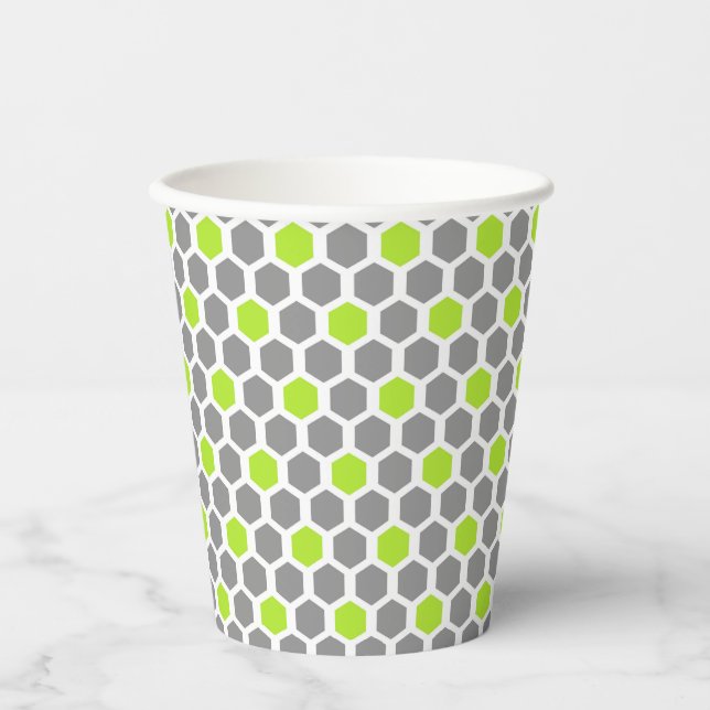 Modern Lime Green Grey Hexagon Pattern Paper Cups (Front)
