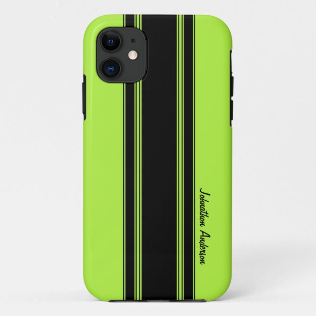 Modern Lime Green Racing Stripes With Name Case-Mate iPhone Case (Back)
