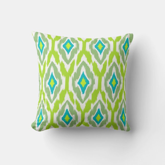 Modern lime green teal Ikat Tribal Pattern 1a Cushion (Front)
