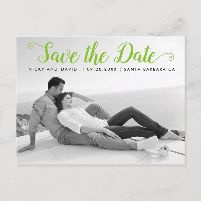 Modern lime green wedding Save the Date photo Postcard (Front)