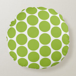 MODERN LIME GREEN, WHITE POLKA DOTS ROUND CUSHION