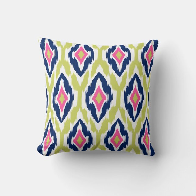 Modern lime pink navy Ikat Tribal Pattern 1a Cushion (Front)